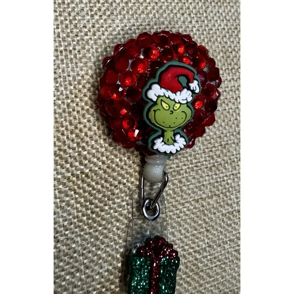 Grinch On Red Rinestone Retractable Badge Reel ID Holder Handmade
